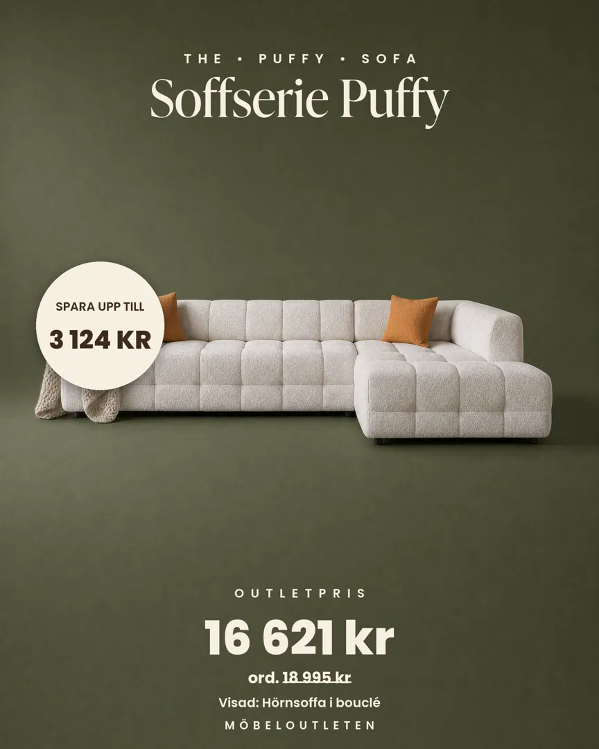 Höstrea-annons i flödet: Soffserie Puffy mot olivgrön studiofond