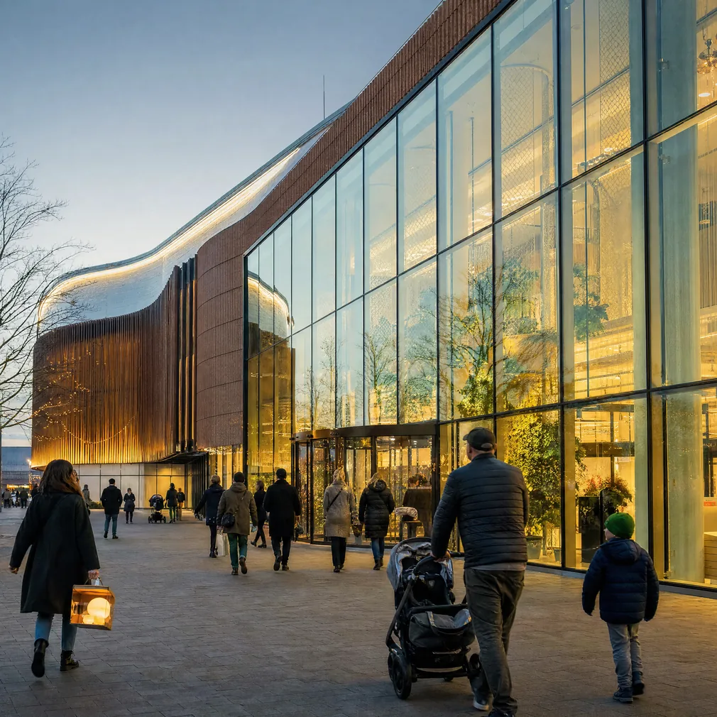 Entrén till ett köpcentrum i Malmö i skymningen, människor på väg in med kassar och en lampkartong