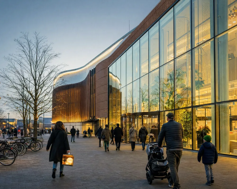 Entrén till ett köpcentrum i Malmö i skymningen, människor på väg in med kassar och en lampkartong